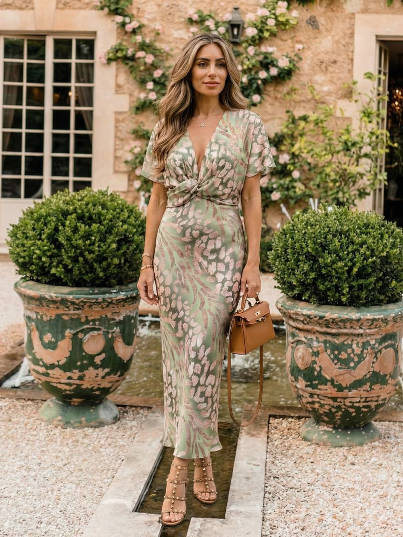 Marys | Abstract Print V Neck Twist Waist Midi Dress