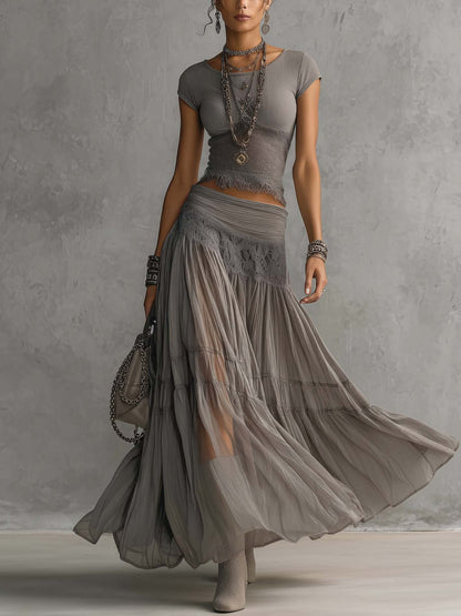 Elena - Lace-Paneled Top and Pleated Maxi Skirt Set
