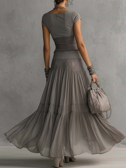 Elena - Lace-Paneled Top and Pleated Maxi Skirt Set
