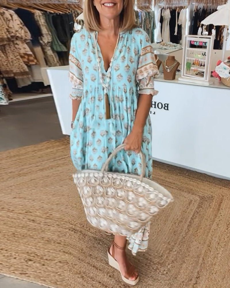 Isabella | Women's Boho Printed Tassel Tie Midi Dress