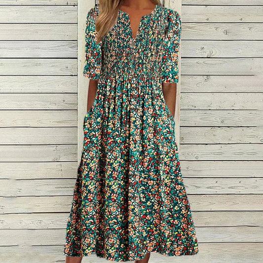 DANICA | ELEGANT FLORAL TUMMY-COVERAGE MIDI DRESS