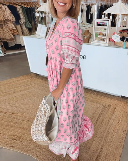 Isabella | Women's Boho Printed Tassel Tie Midi Dress