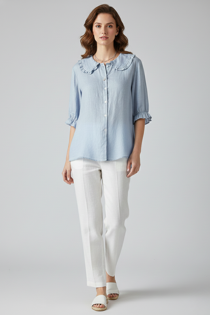 Megan | Women’s Casual Shirt with Ruffled Collar and Buttons