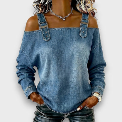 Velmira - Casual Buckle Strap Denim Top