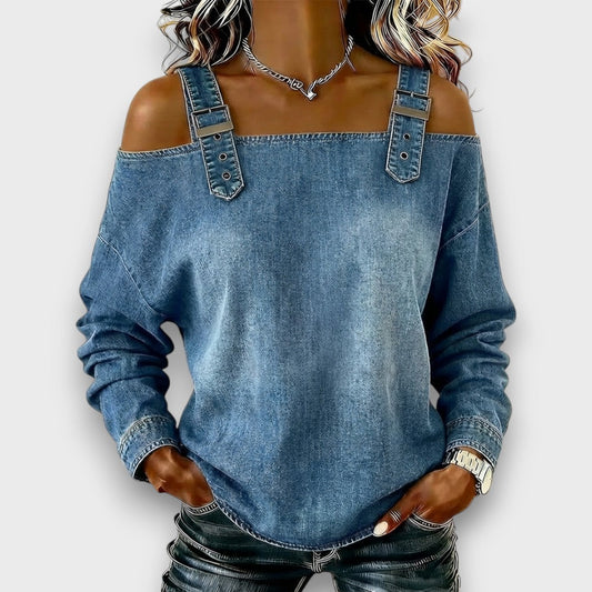 Velmira - Casual Buckle Strap Denim Top