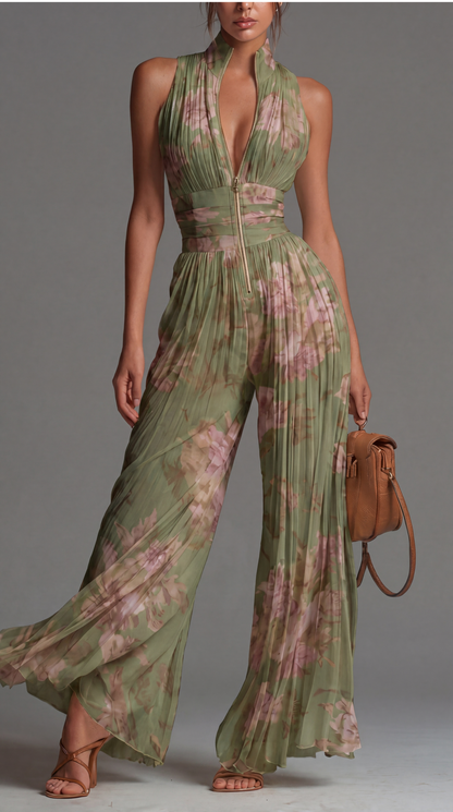Sandra – Pleated Floral Chiffon Jumpsuit