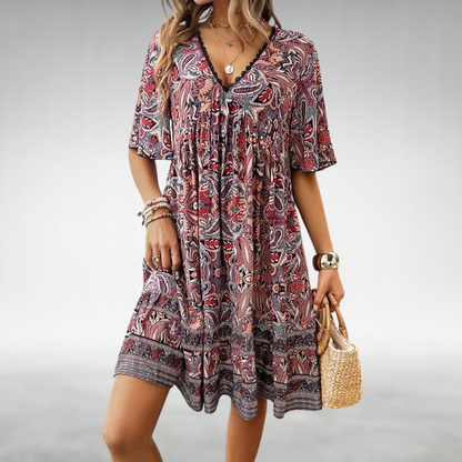 Mabel | Women's Boho Printed V Neck Mini Dress