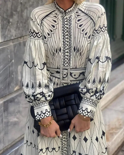 Kimberly | Women’s Printed Long Sleeve A Line Midi Dress