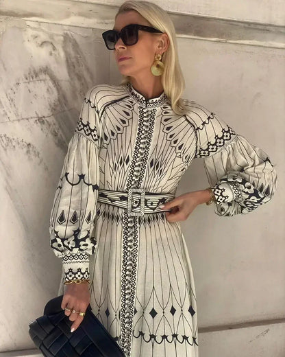 Kimberly | Women’s Printed Long Sleeve A Line Midi Dress