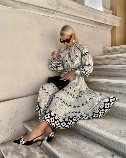 Kimberly | Women’s Printed Long Sleeve A Line Midi Dress