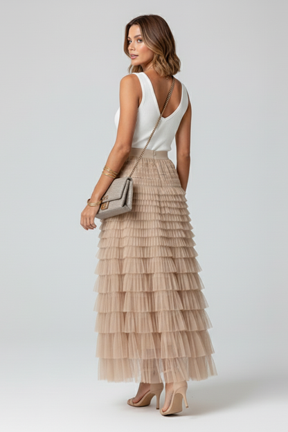Lily | Women’s Layered Tulle Midi Skirt with Elastic Waist