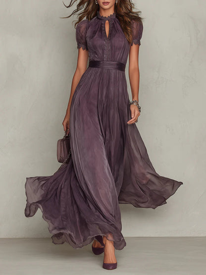 Flavia | Elegant long purple dress with a drop neckline and lace