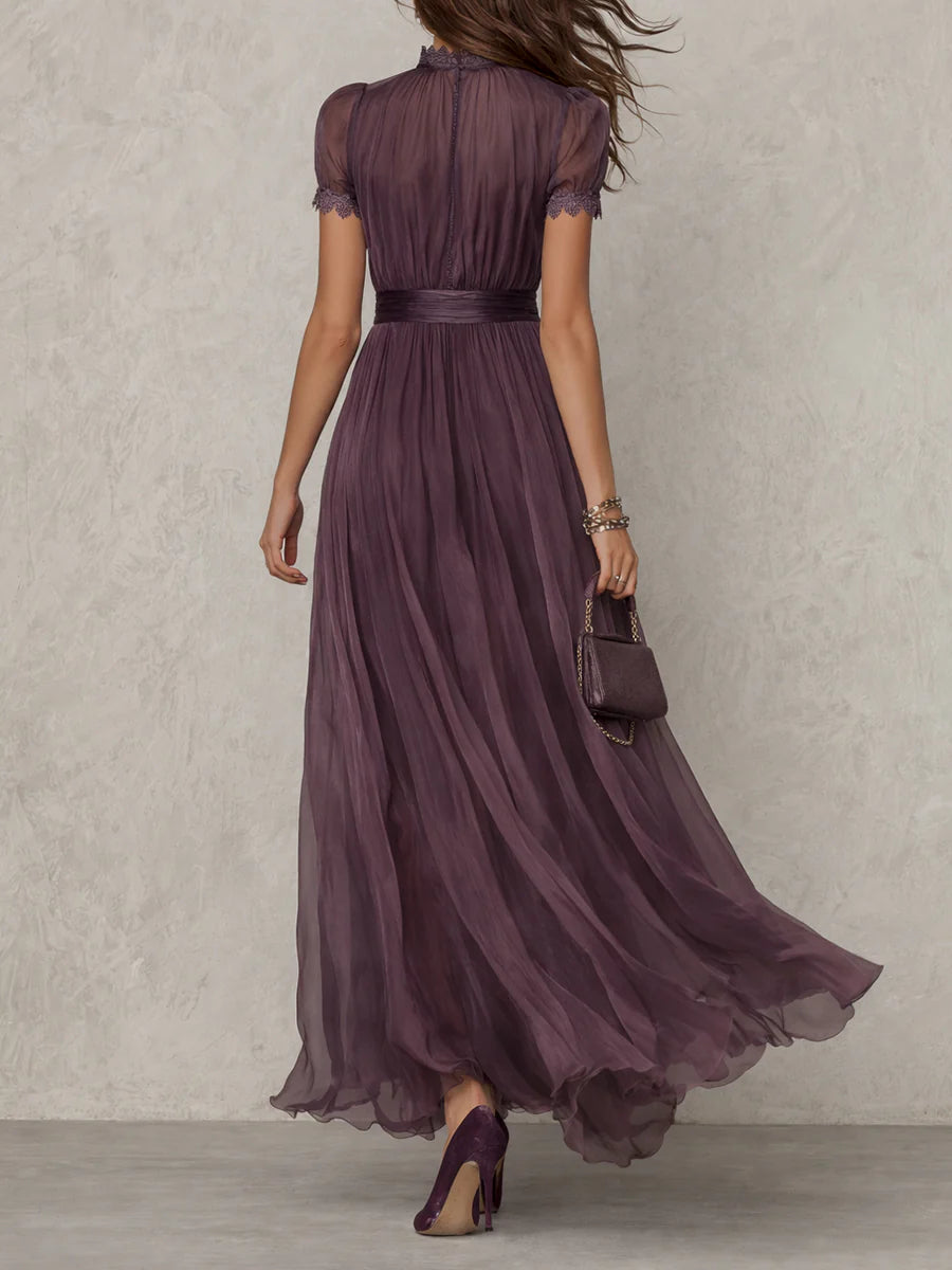 Flavia | Elegant long purple dress with a drop neckline and lace