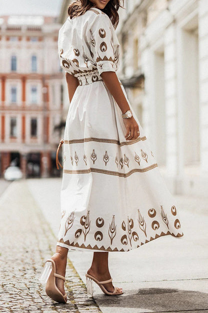 Sarah | Women's Boho Printed Belted Long Sleeve Midi Dress