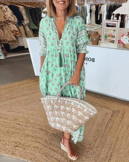 Isabella | Women's Boho Printed Tassel Tie Midi Dress