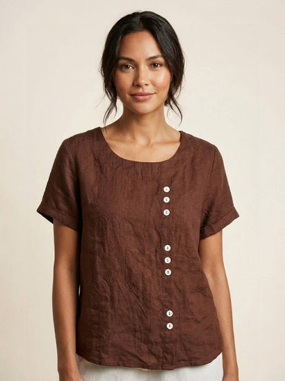 Grace | Women’s Linen Round Neck Button Blouse