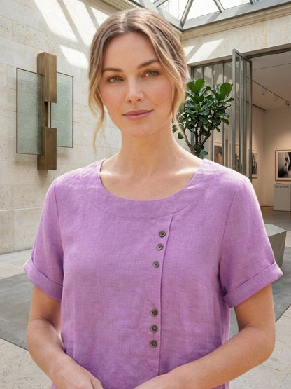 Grace | Women’s Linen Round Neck Button Blouse