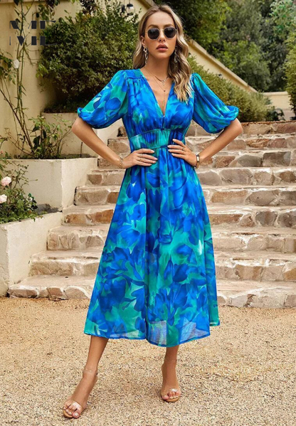 Jasmine | Women's Floral V Neck Midi Wedding Guest Dress