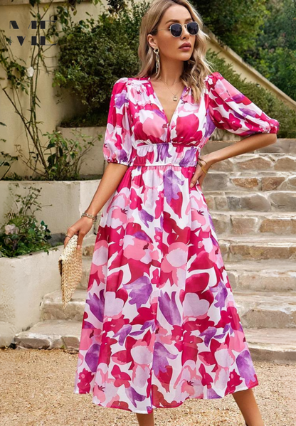 Jasmine | Women's Floral V Neck Midi Wedding Guest Dress