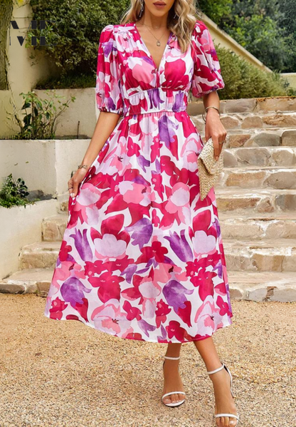 Jasmine | Women's Floral V Neck Midi Wedding Guest Dress