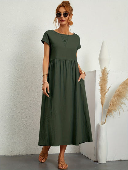 Hannah | Women's Short Sleeve Loose Midi Pocket Dress