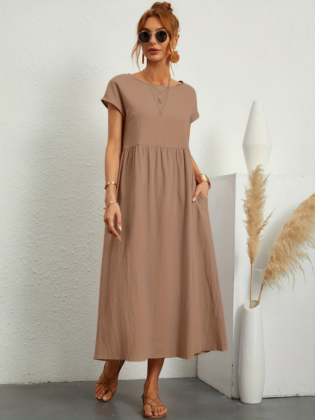 Hannah | Women's Short Sleeve Loose Midi Pocket Dress