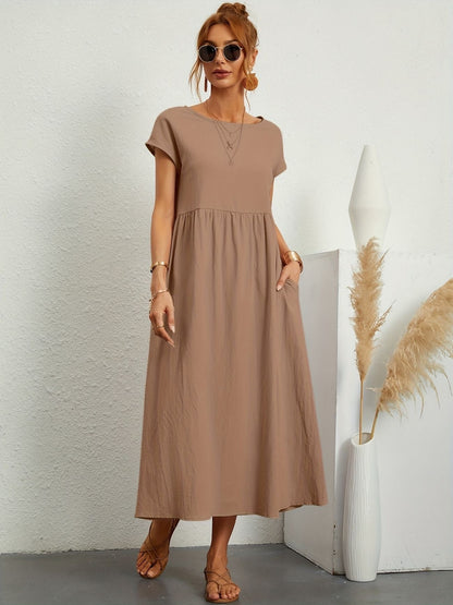 Hannah | Women's Short Sleeve Loose Midi Pocket Dress