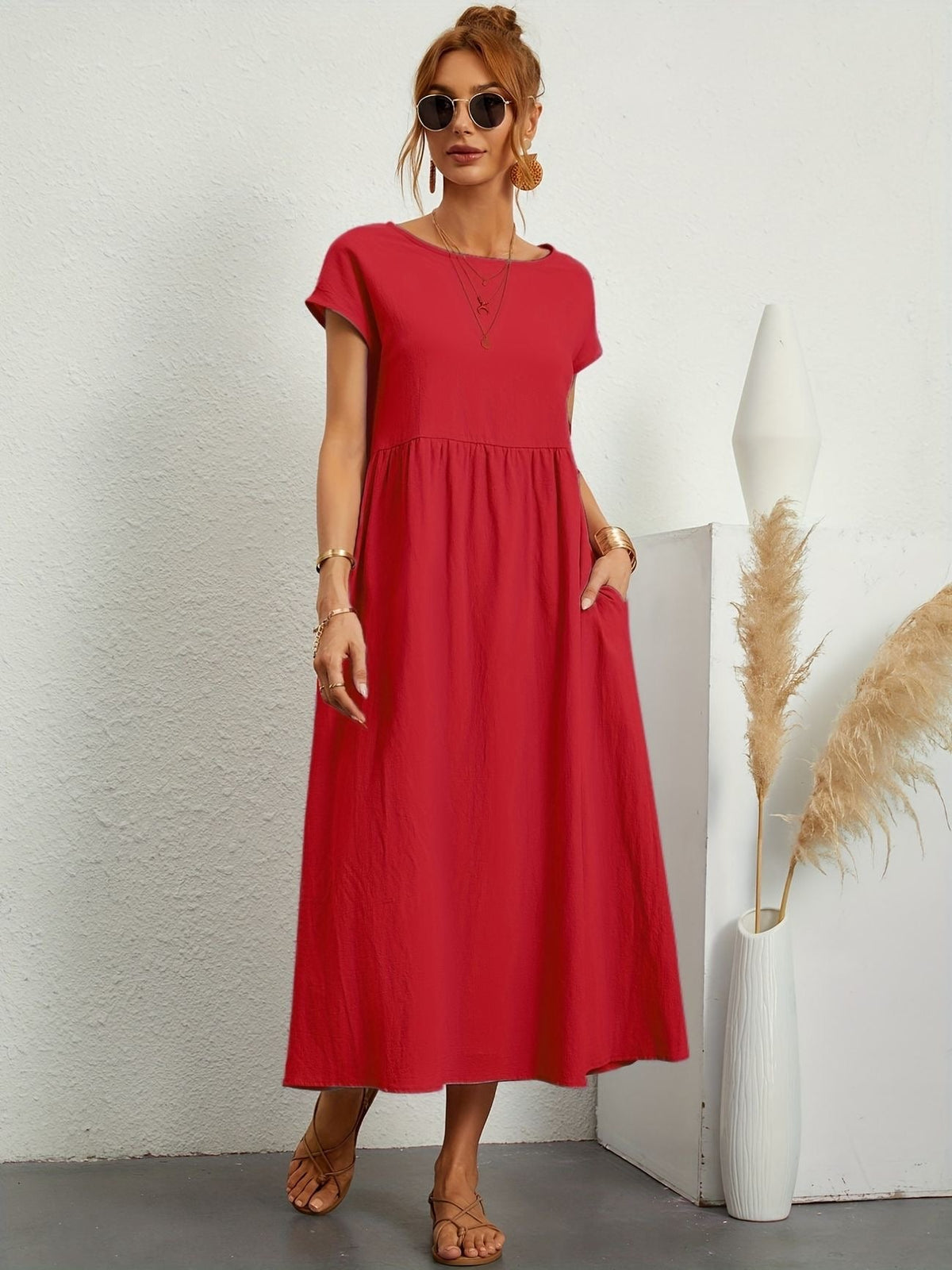 Hannah | Women's Short Sleeve Loose Midi Pocket Dress