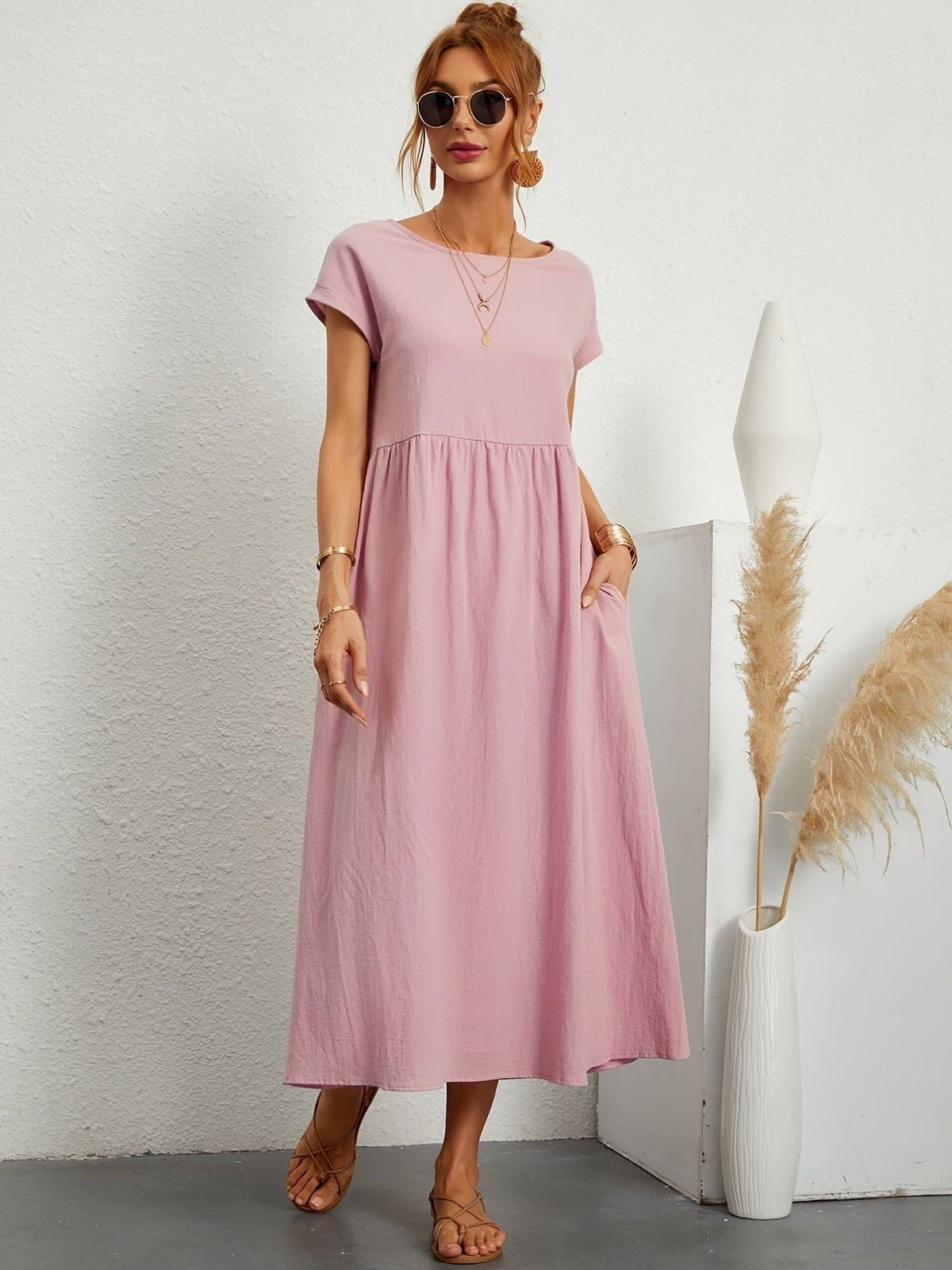 Hannah | Women's Short Sleeve Loose Midi Pocket Dress